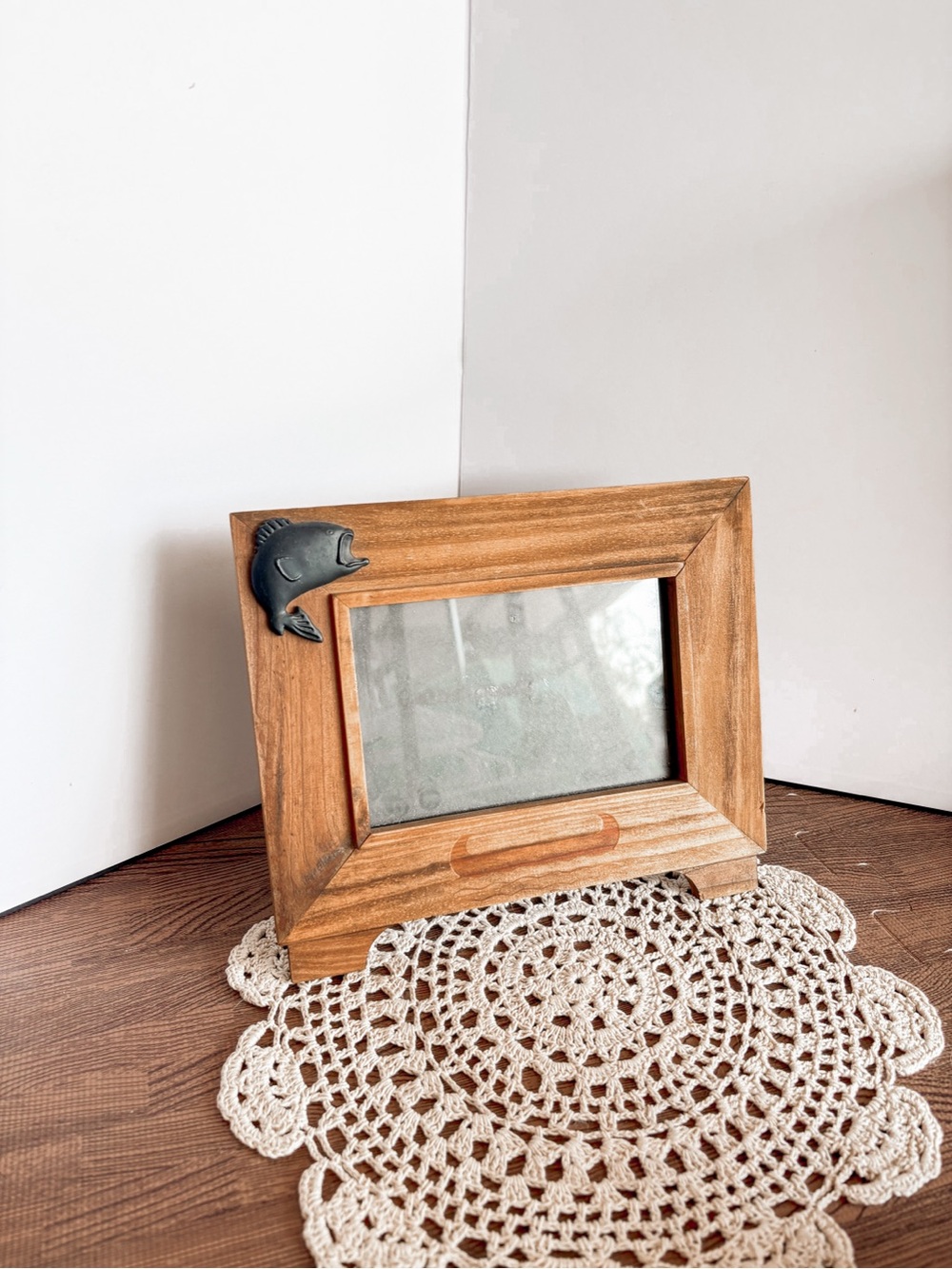 Vintage Brown Wooden Frame with Dark Metal Fish Accent